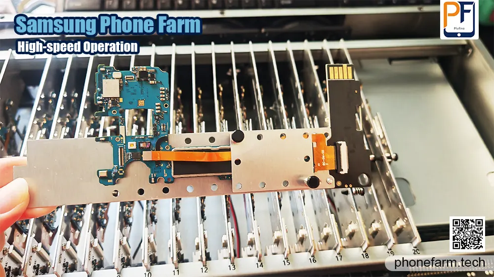 Automated Samsung phone farm running social media management for TikTok, Instagram, and YouTube