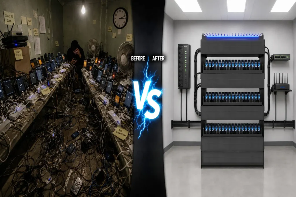 Before and after comparison showing a cluttered phone farm workspace transformed into a clean, organized setup after using a phone farm box.