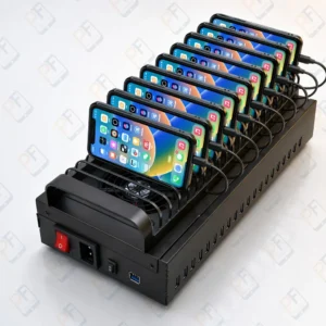 High-density phone farm rack showing one box equals 20 phones for compact multi-device deployment