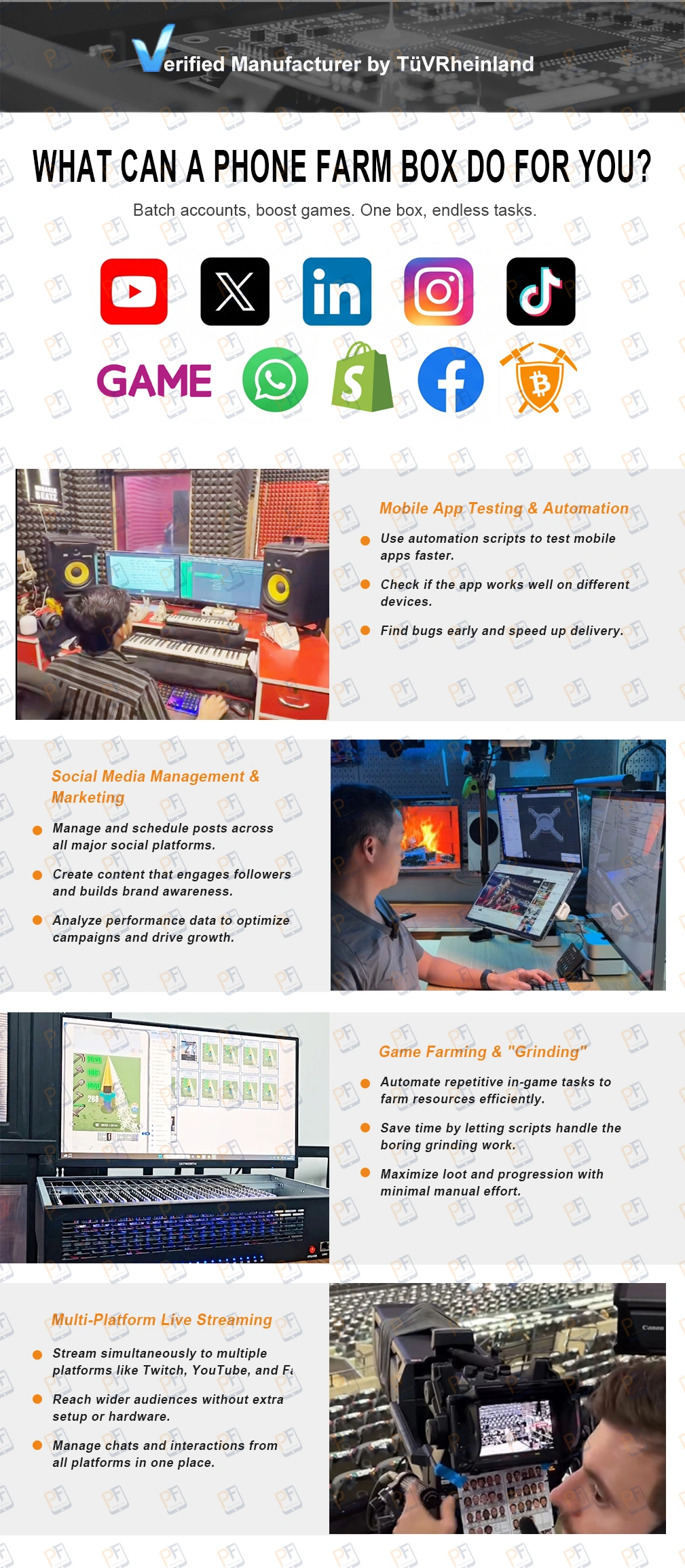 Phone Farm Box is used in a variety of application scenarios, including app and software testing, load and performance simulation, digital marketing, research, and data collection. 