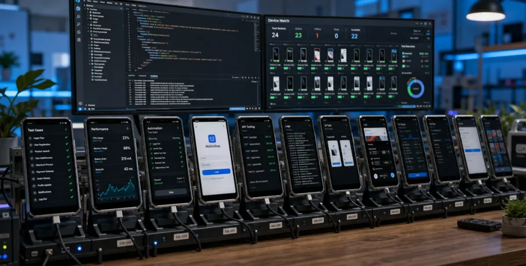 Android app being tested across multiple physical devices
