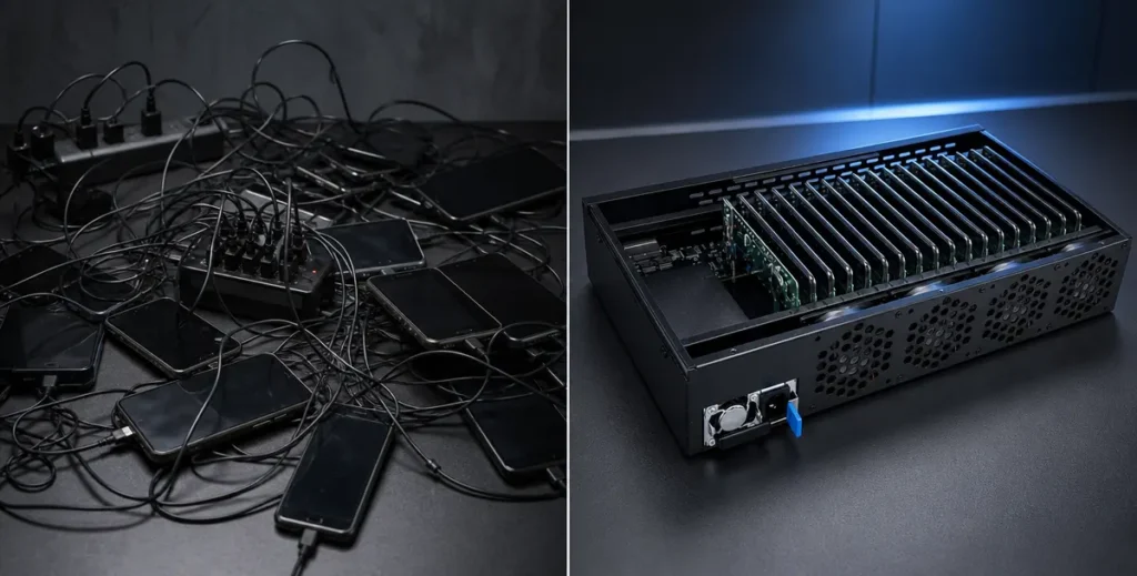 Before and after comparison of a messy phone setup and an organized 20-node phone farm box