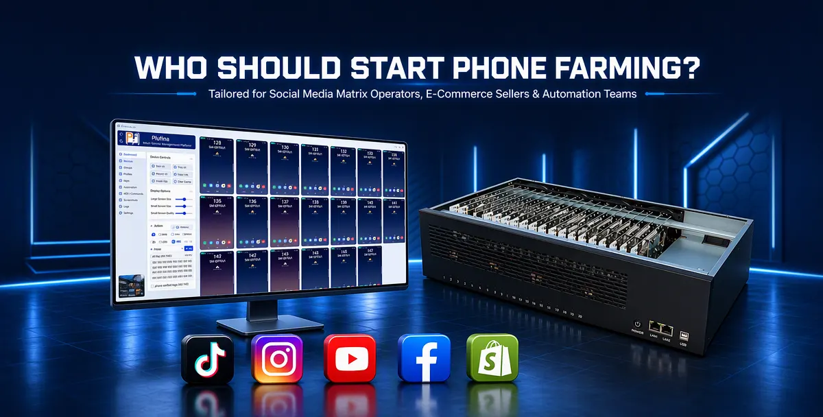 Cover image for a guide to phone farming, showing a PLUFINA Phone Farm Box alongside the title “Who Should Start Phone Farming?”