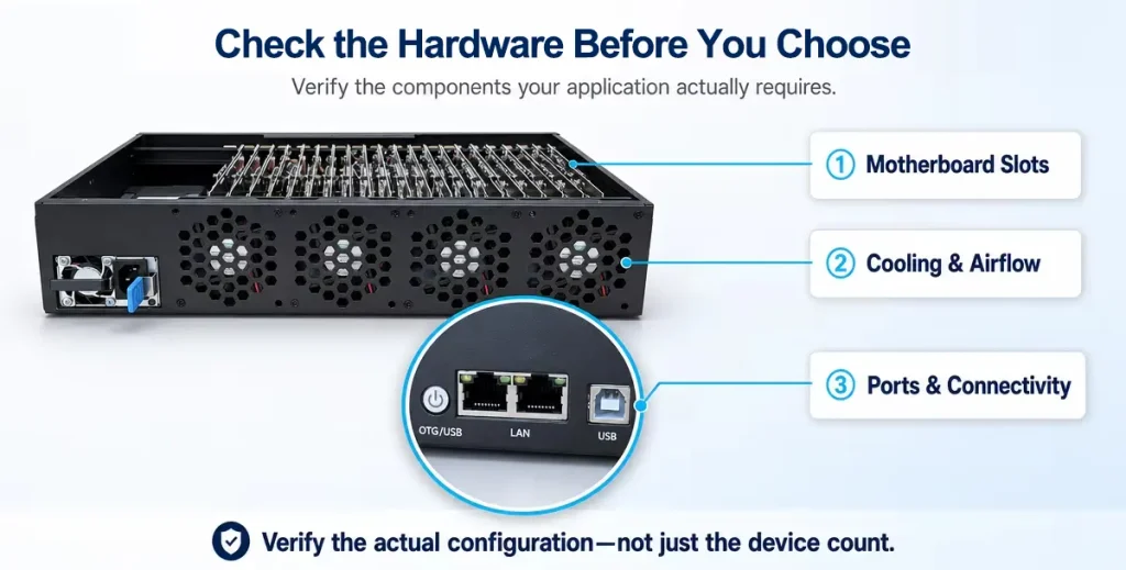 Phone farm hardware detail showing ports, cooling, and motherboard compatibility points to verify before choosing a device farm setup.