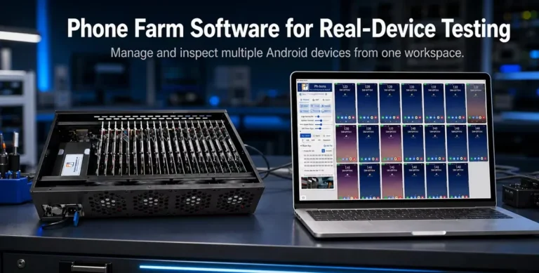 A real-device setup with centralized phone farm software access.